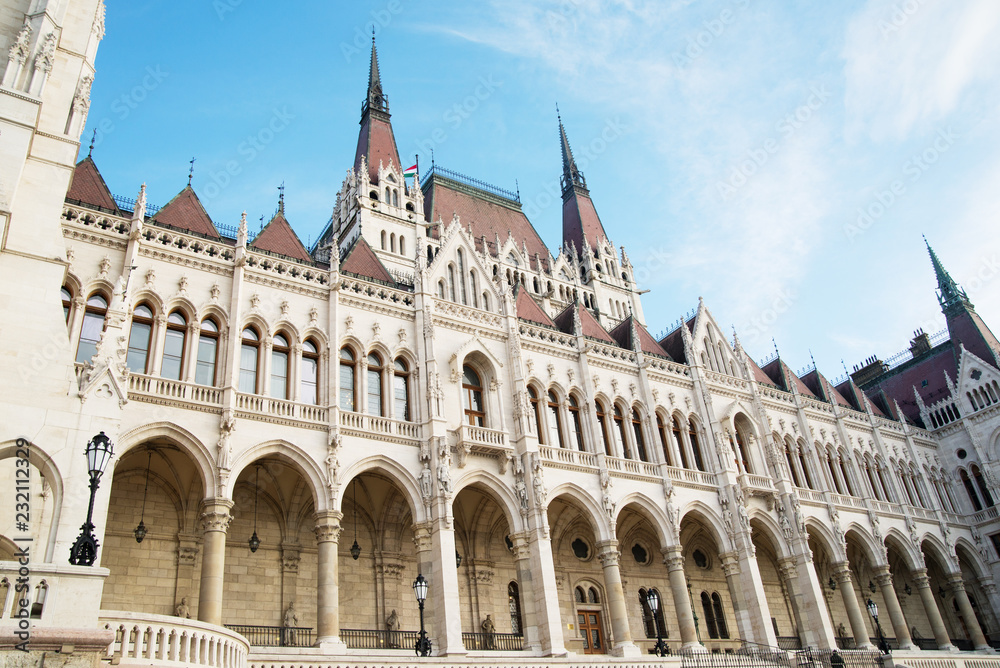 view of historical building of Hungarian Parliament, aka Orszaghaz, with typical symmetrical architecture and central dome on DanubeBudapest, Hungary, Europe