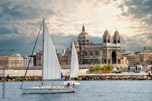 Waterfront with view of Marseille cathedral. Cathedrale Sainte Marie Majeure. Marseille, France photo