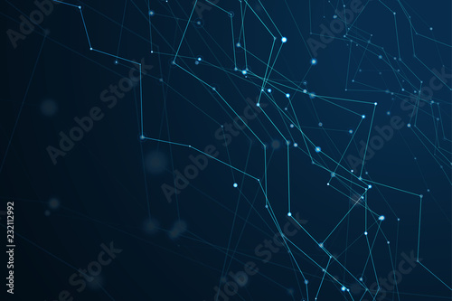 Abstract polygonal shapes. Background with connecting dots and lines. Futuristic molecules on dark background. The technology concept illustration