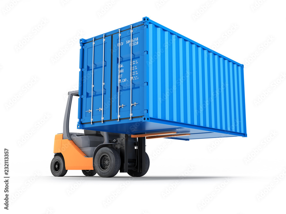 Forklift handling the cargo shipping container isolated on white background 3d render Forklift handling the cargo shipping container isolated on white background 3d render