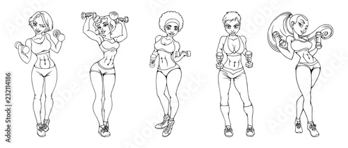 Set of athletic girls with dumbbells
