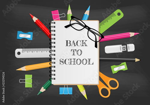 Back to school text on noteฺbook with school supplies on chalkbord background,  Vector illustration photo