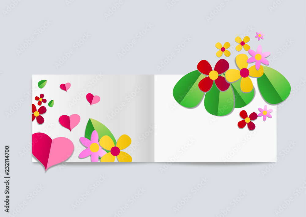 greeting card with red heart and flowers background.