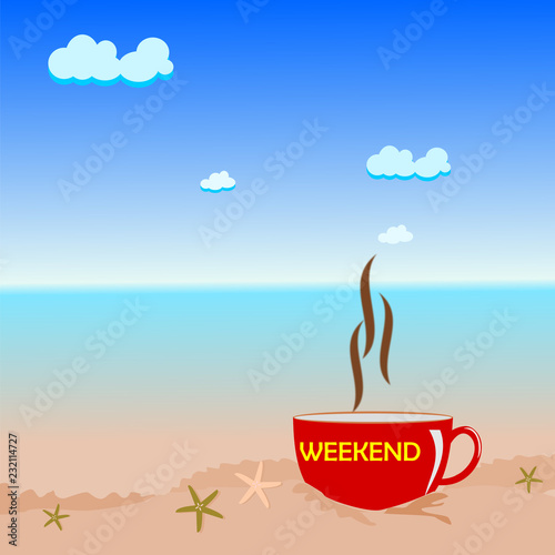 Red cup of coffee on beach, relax weekend concept.