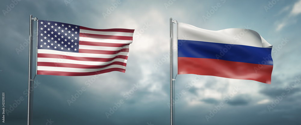 3d illustration two state flags of the states of the united states of america and russian federation, facing each other and moving in the wind in front of cloudy sky