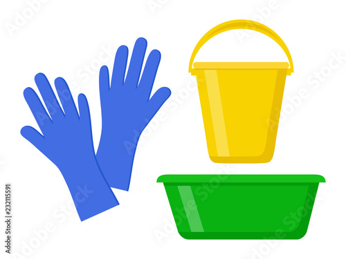 Household gloves, bucket, basin, tools for cleaning, for working in the garden, isolated on white background