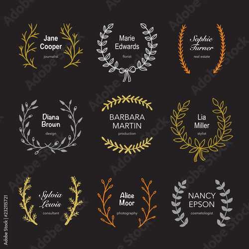 Wreaths monogram hand drawn set. Round frames and plant wreaths with text. Logotype concept with leaves and branches