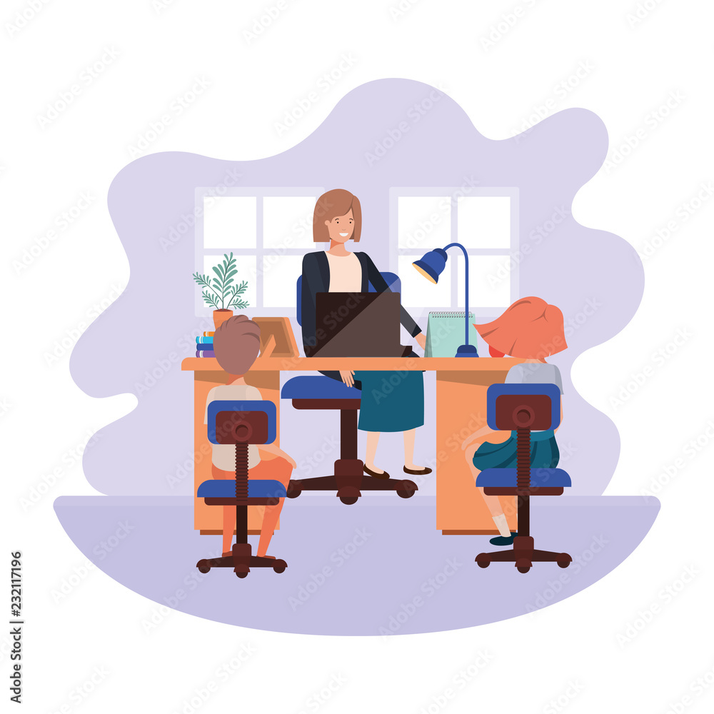 businesswoman in the office with children avatar character businesswoman in the office with children avatar character