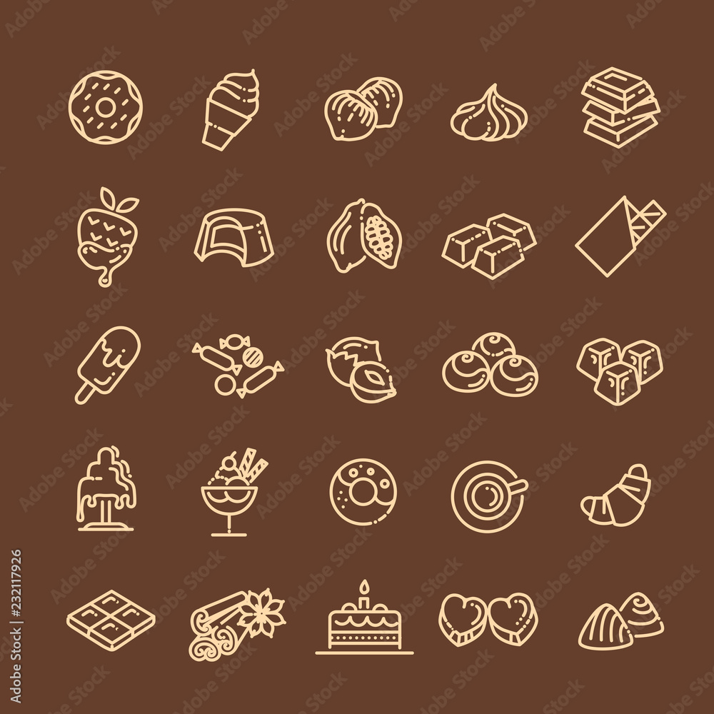 Set vector line icons in flat design chocolate, dessert, cacao and candy Set vector line icons in flat design chocolate, dessert, cacao and candy