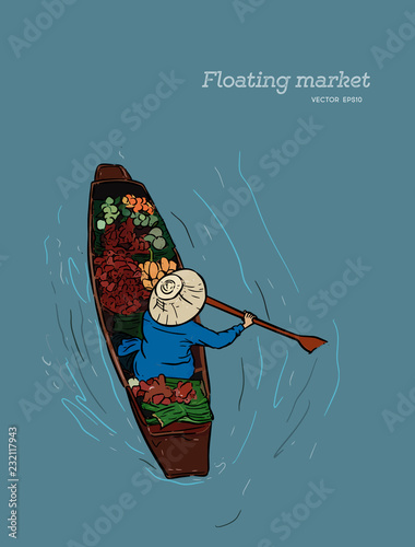 Boat in a floating market in Thailand - vector illustration