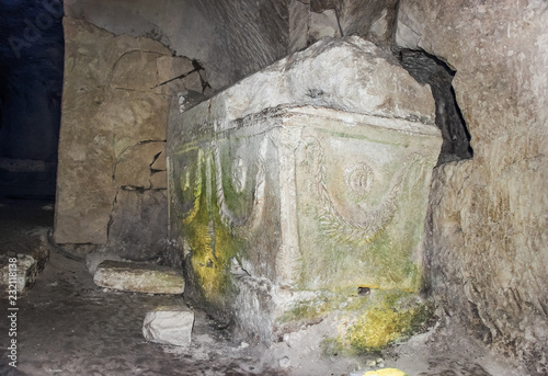 Sarcophagus  in the inner room of the necropolis in the Bet She'arim National Park in the Kiriyat Tivon city in Israel photo