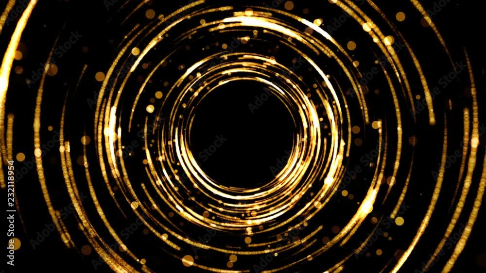 Holiday background for celebration. Golden particles and rings tunnel. Glamour vortex. Seamless loop.