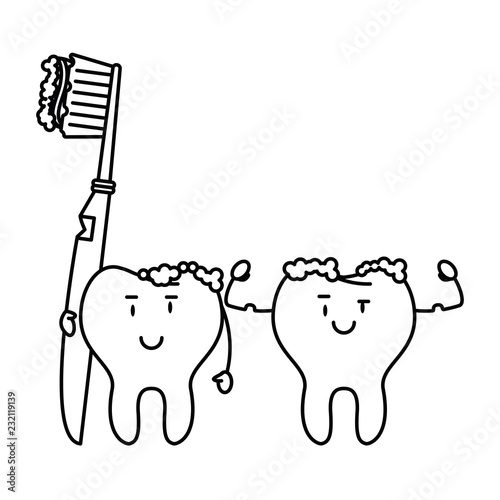 cartoon dental care teeth black and white