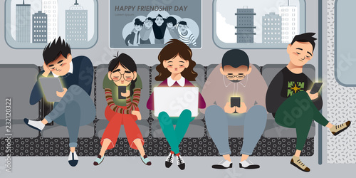 Vector illustration set of people on the subway watching cell phones. Character collection of a group of people sitting on the subway. Flat styled design for presentation, project, banner, card