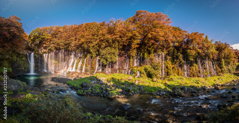 Shiraito Falls with Colorful autumn leaf in Fujinomiya, Shizuoka, Japan.