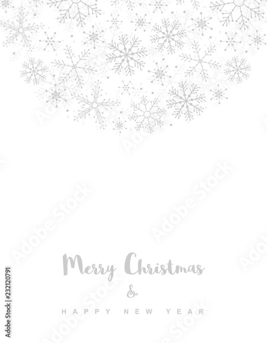 Merry Christmas and Happy New Year. Simple Christmas Vector Card. Light Gray Delicate Design on a White Background. Semicircle Frame Made of Snowflakes.