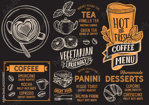 Coffee drink menu template for restaurant with doodle hand-drawn graphic.