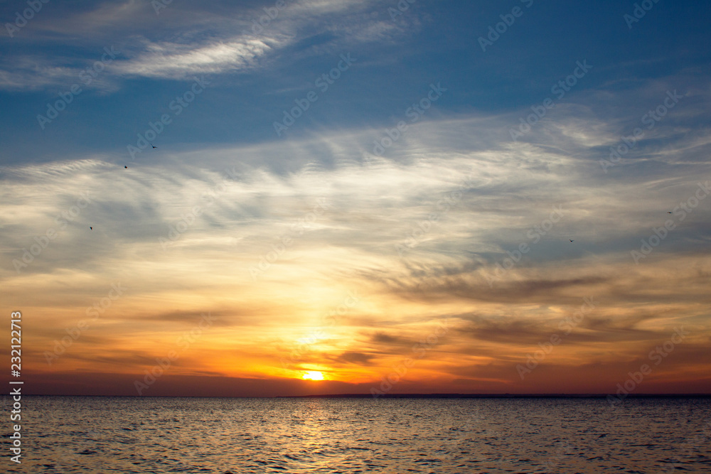 background of sunset on the sea, birds fly among the clouds lit by the rays of the sun