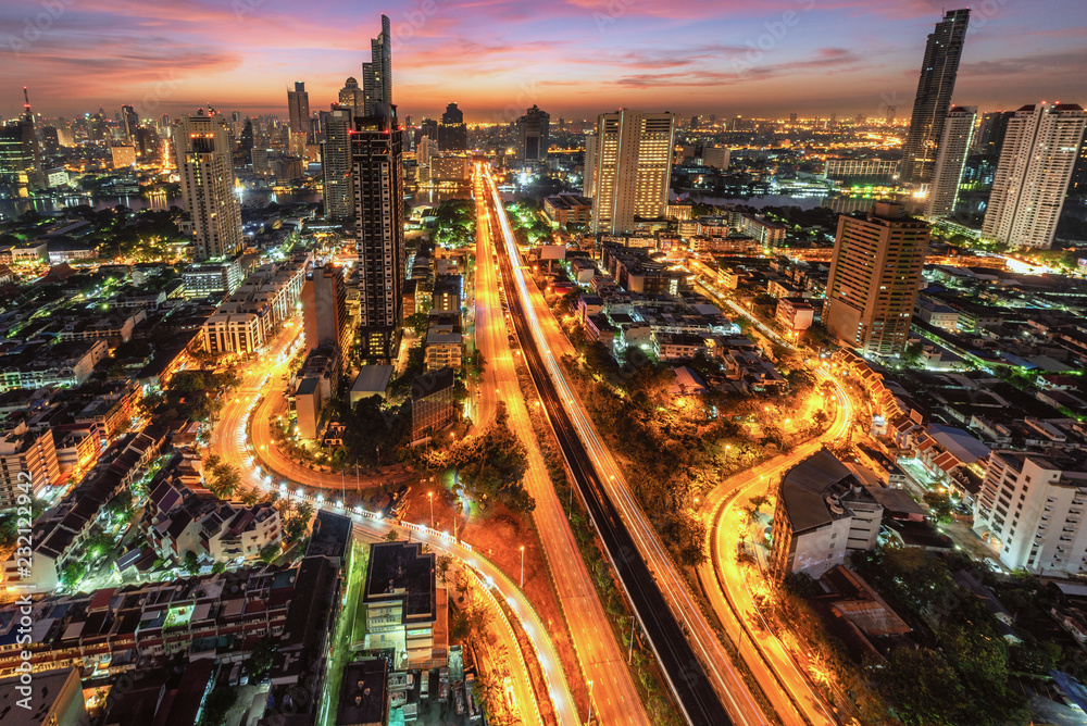 Fototapeta premium City lanscape Bangkok business capital .Panoramic and perspective view light blue background of glass high rise building skyscraper commercial of future. Business city background.