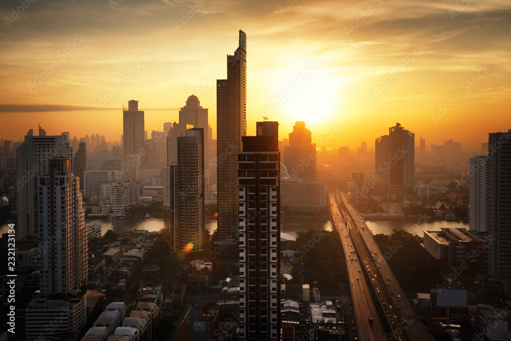 City lanscape Bangkok business capital .Panoramic and perspective view light blue background of glass high rise building skyscraper commercial of future. Business city background.