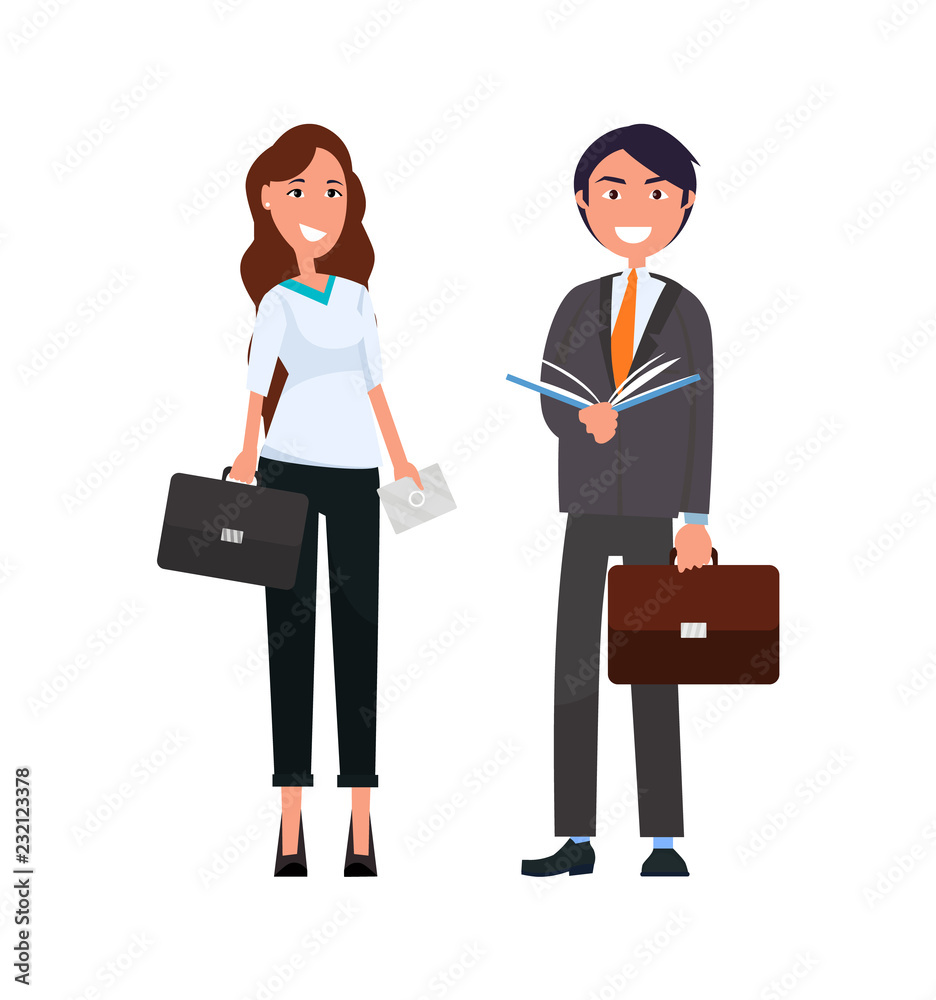 Business People Elegant Woman with Briefcase and Man Business People Elegant Woman with Briefcase and Man