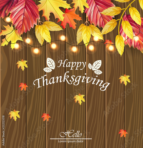 Happy thanksgiving card Vector. Fall leaves over wooden background. 3d detail...