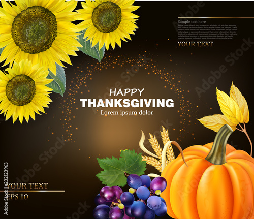 Happy Thanksgiving card sunflowers and pumpkin Vector realistics