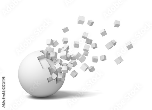 3d rendering of an isolated white round ball getting deteriorated with small pieces flying up.