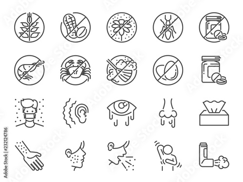 Allergies icon set. Included the icons as allergic diseases, dust allergy, food allergy, rhinitis, sinus Infection, asthma and more.