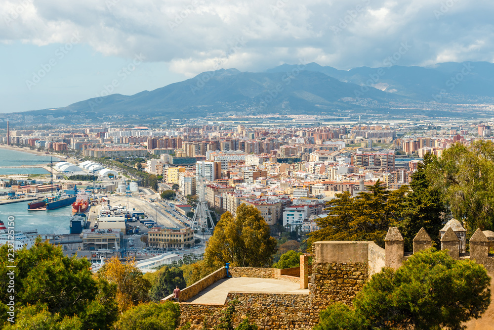 Fototapeta premium Panoramic and aerial view of Malaga in a beautiful spring day, Spain