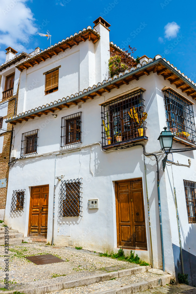Street view of the historic district of Albaicin in Granada, Andalusia, Spain