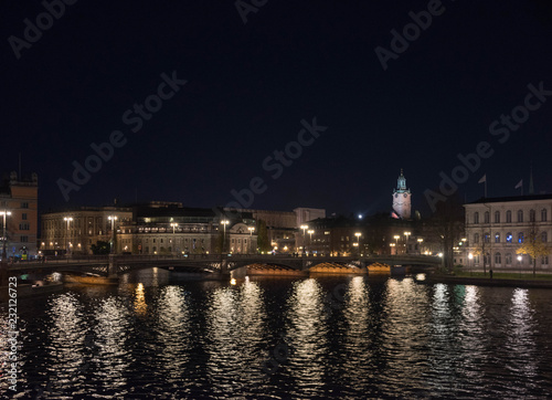 Evening view in Stockholm shilouettes of old town  parliament houses   bridges and lake M  laren