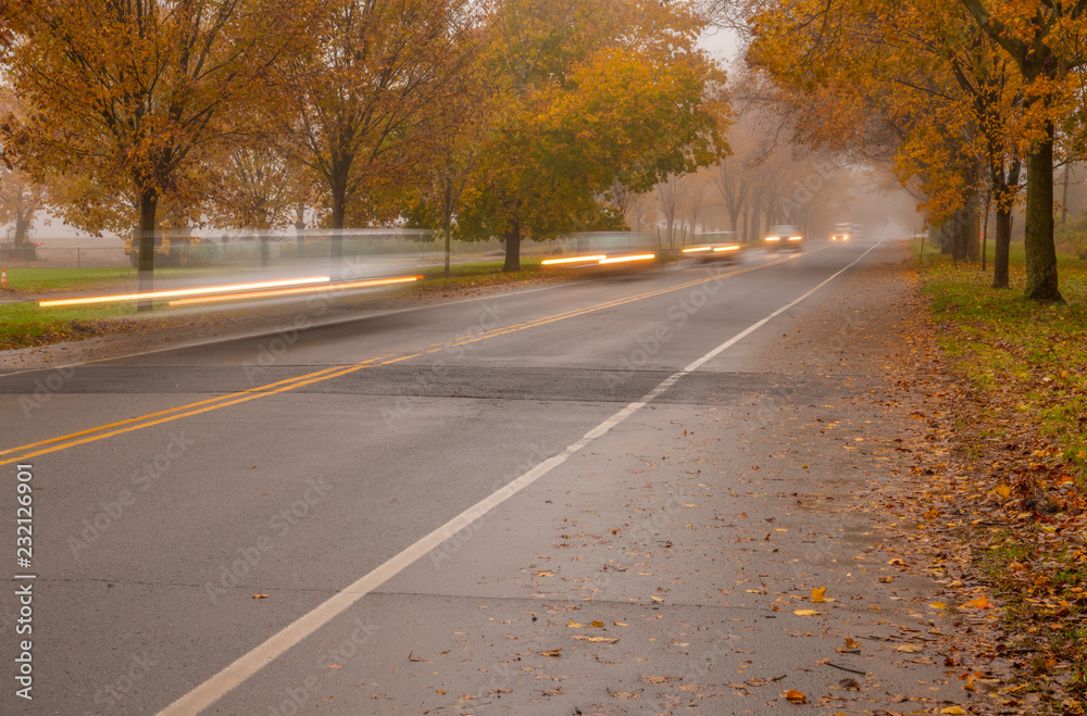 Beautiful autumn view in Princeton, New Jersey featuring road with light trails next to the trees with fallen leaves on foggy morning