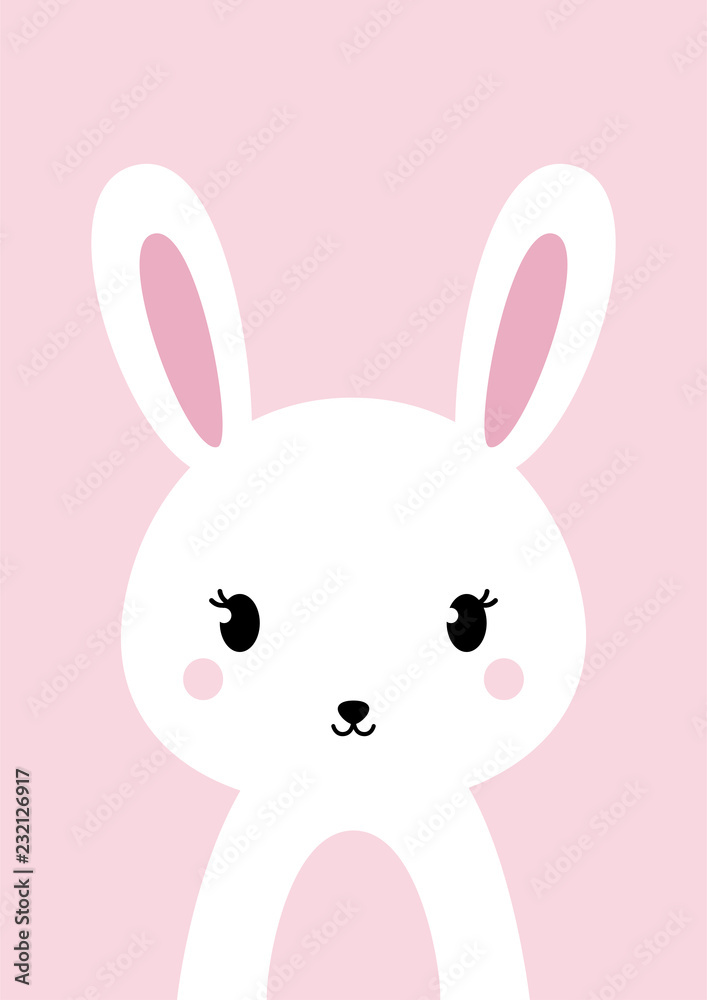 Fototapeta premium White bunny rabbit on pink background. Flat design. Perfect for wall art or other needs. Vector illustration.