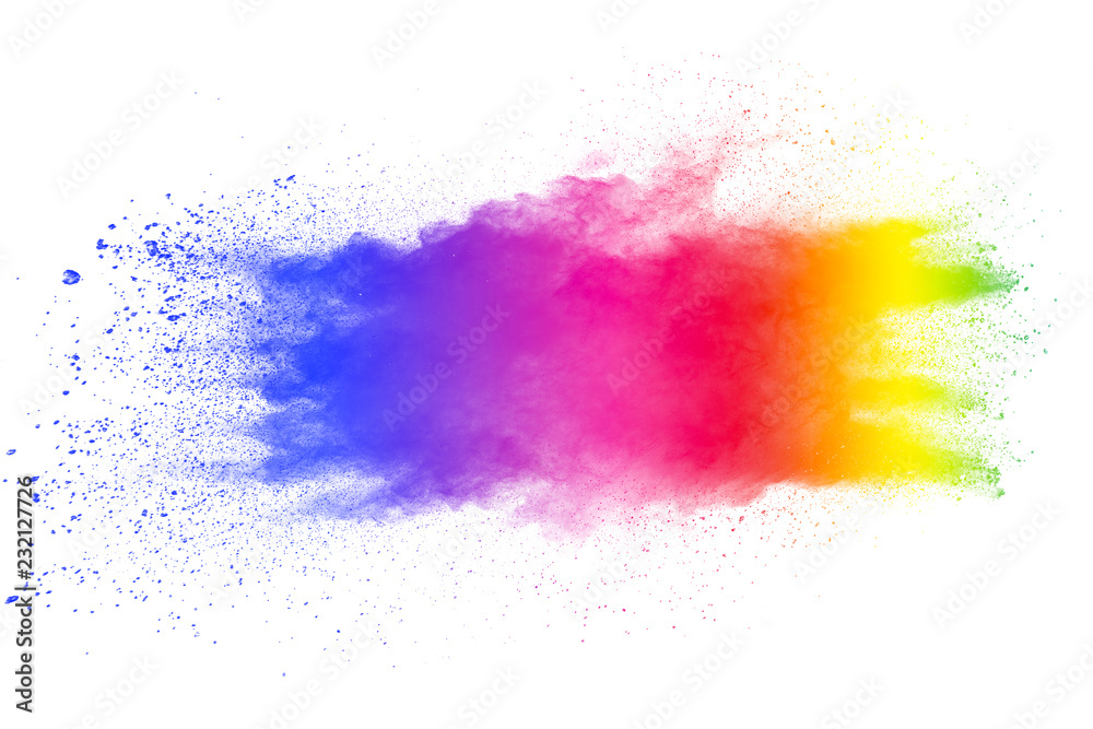 abstract color powder explosion on white background.Freeze motion of dust splash. Painted Holi in festival.