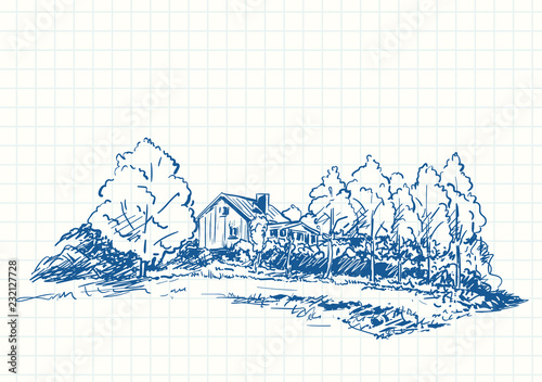 Countryside house surrounded by trees, Blue pen sketch on square grid notebook page, Hand drawn vector illustration