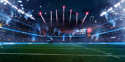 Empty American fotball field. celebrate win or touchdown. focus in grass. little unfocus in background