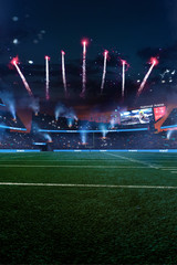 Empty American fotball field. celebrate win or touchdown. focus in grass. little unfocus in background