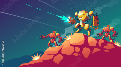 Vector cartoon illustration with robot war on alien planet, Mars. Landscape with combat robots. Battle androids, artificial intelligence in protective armor. Game background. Modern military concept.