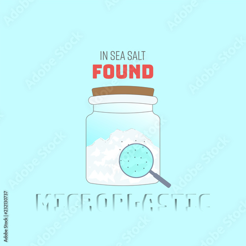 Bottled sea salt with contamination of plastic particles enlargement. Microplastic found concept. Vector illustration. 