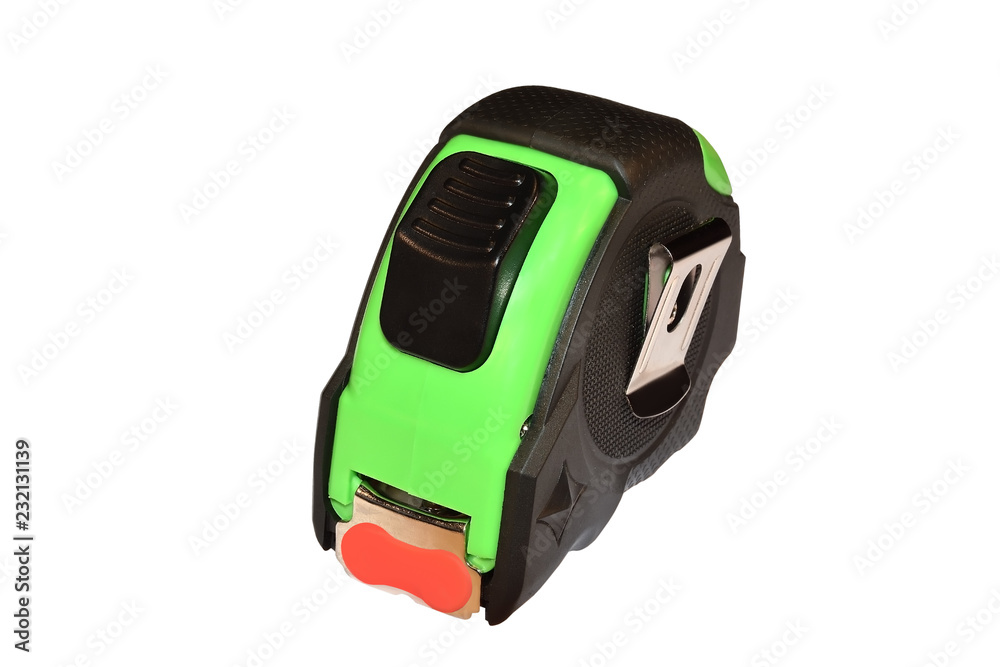 Tape measure 5 meters long in plastic shockproof case isolated on white background Tape measure 5 meters long in plastic shockproof case isolated on white background
