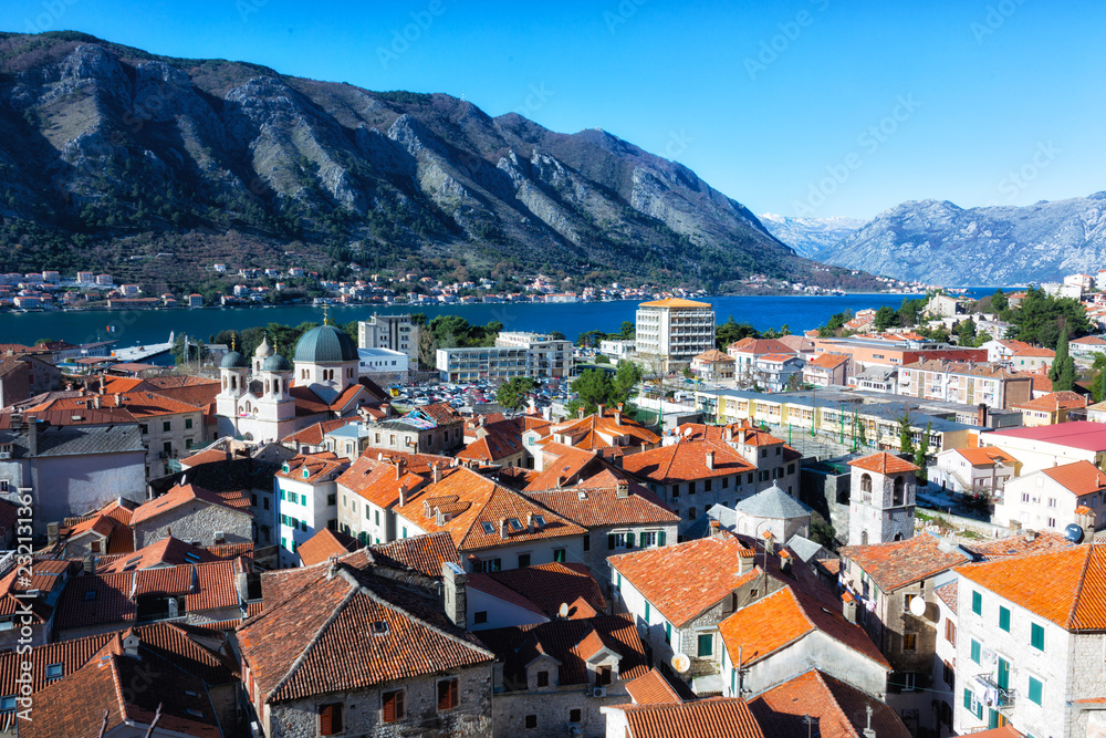 Top view of the old town  and big ship in Kotor, Montenegro