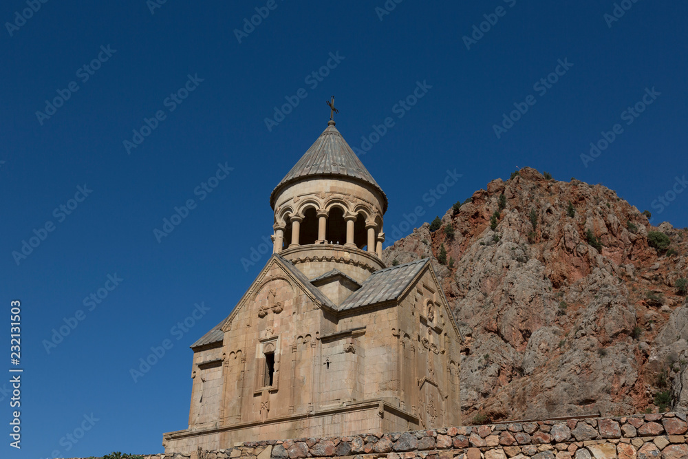 Noravank monastery complex built on ledge of narrow gorge. Armenia