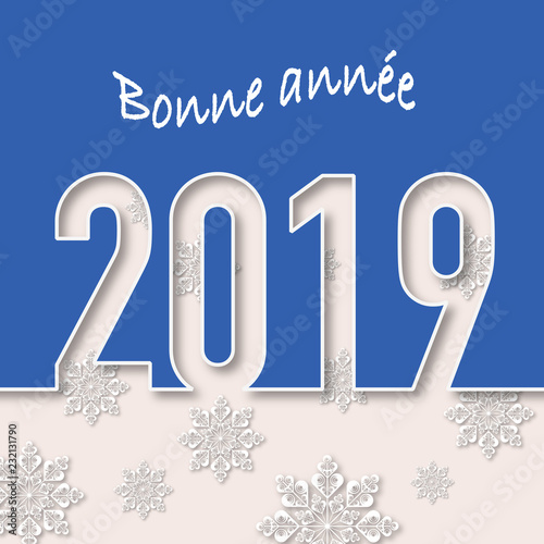 Carte de vœux montrant l’année 2019 découpé sur un fond bleu avec en fond des flocons blancs pour souhaiter la nouvelle année.