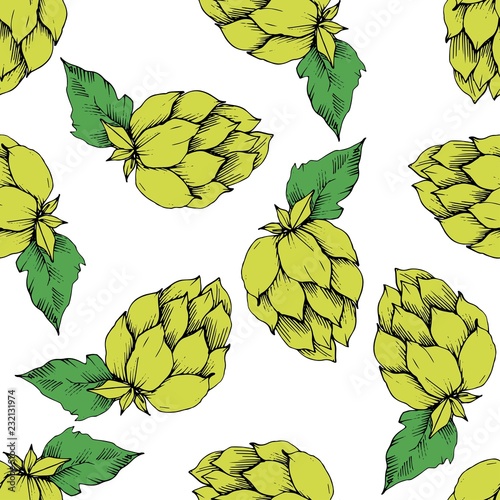Black and white engraved humulus ink art. Green leaf. Leaf plant