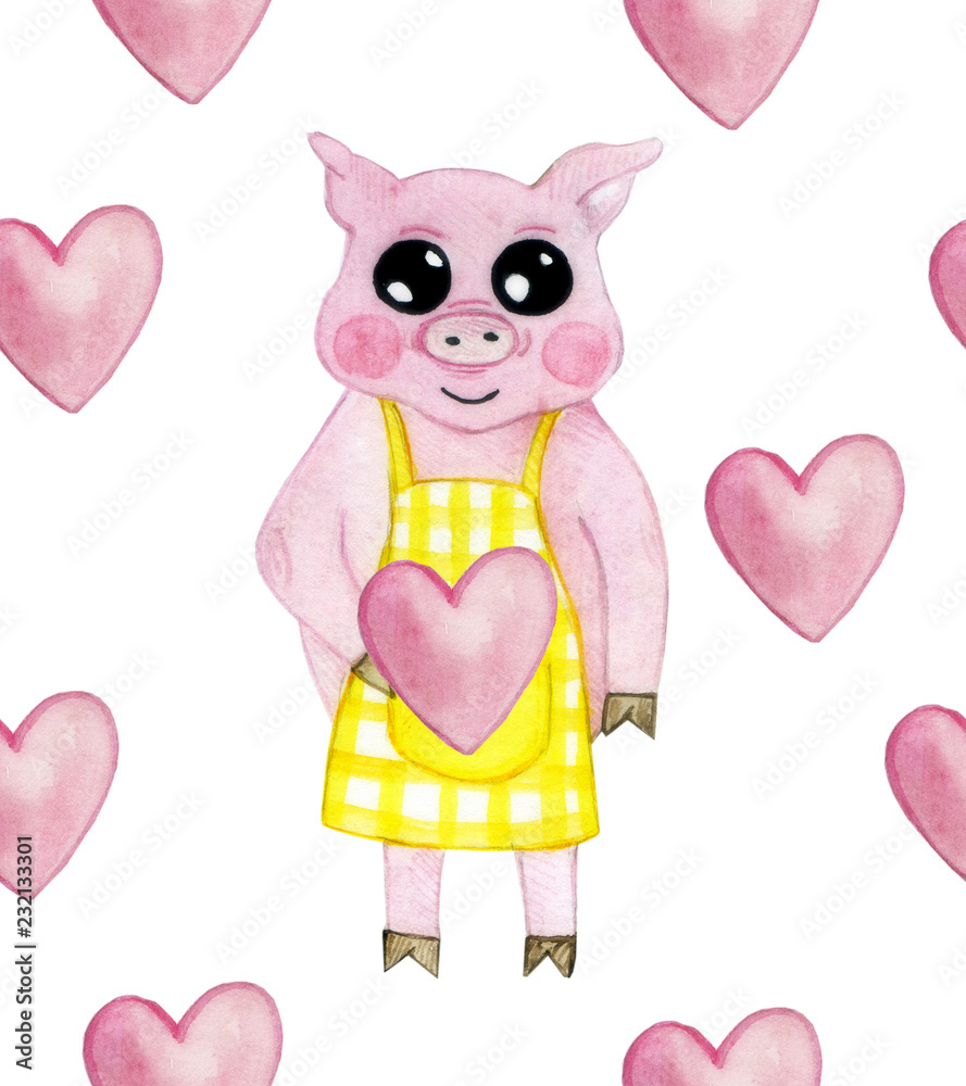 watercolor pink pigs and heart pattern