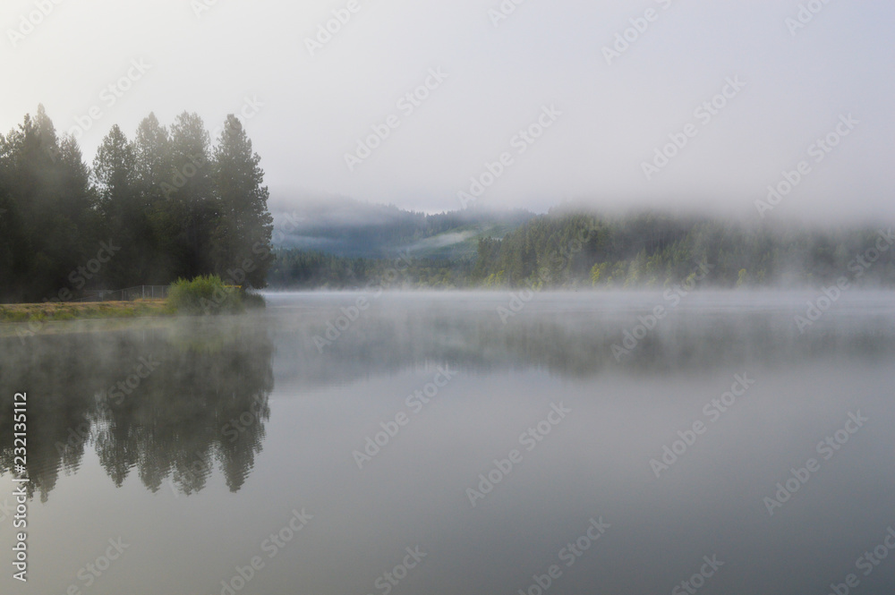Fog on Lake Selmac near Cave Junction, Oregon.