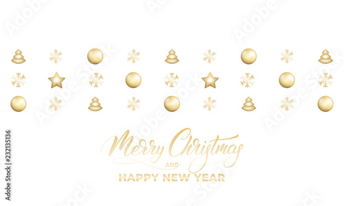 Merry Christmas. Winter holiday card with shiny gold decorations and Christmas calligraphy.