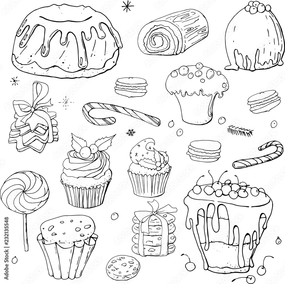 Stock black and white set of different christmas and winter doodle desserts and sweets with chocolate and berries. Isolated hand drawn festive food illustration. Stock black and white set of different christmas and winter doodle desserts and sweets with chocolate and berries. Isolated hand drawn festive food illustration.