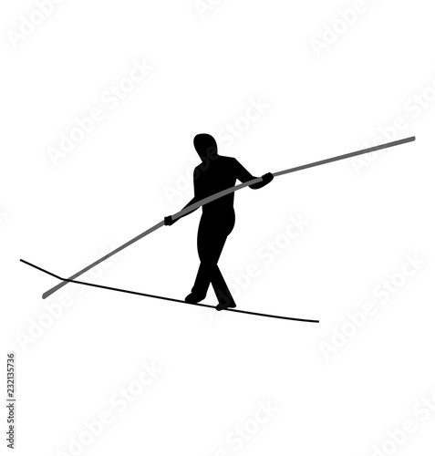 Tightrope walker balancing with a pole, isolated on white background